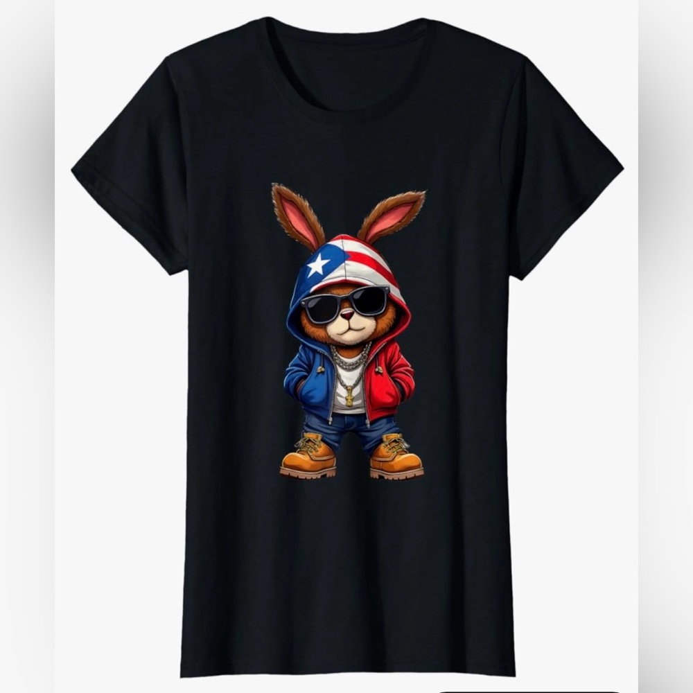 🇵🇷 Black Graphic T-Shirt with Cool Bunny Design